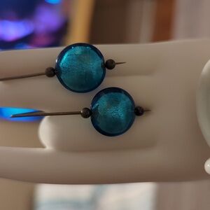 Turquoise Blue Glass lentil drop earrings